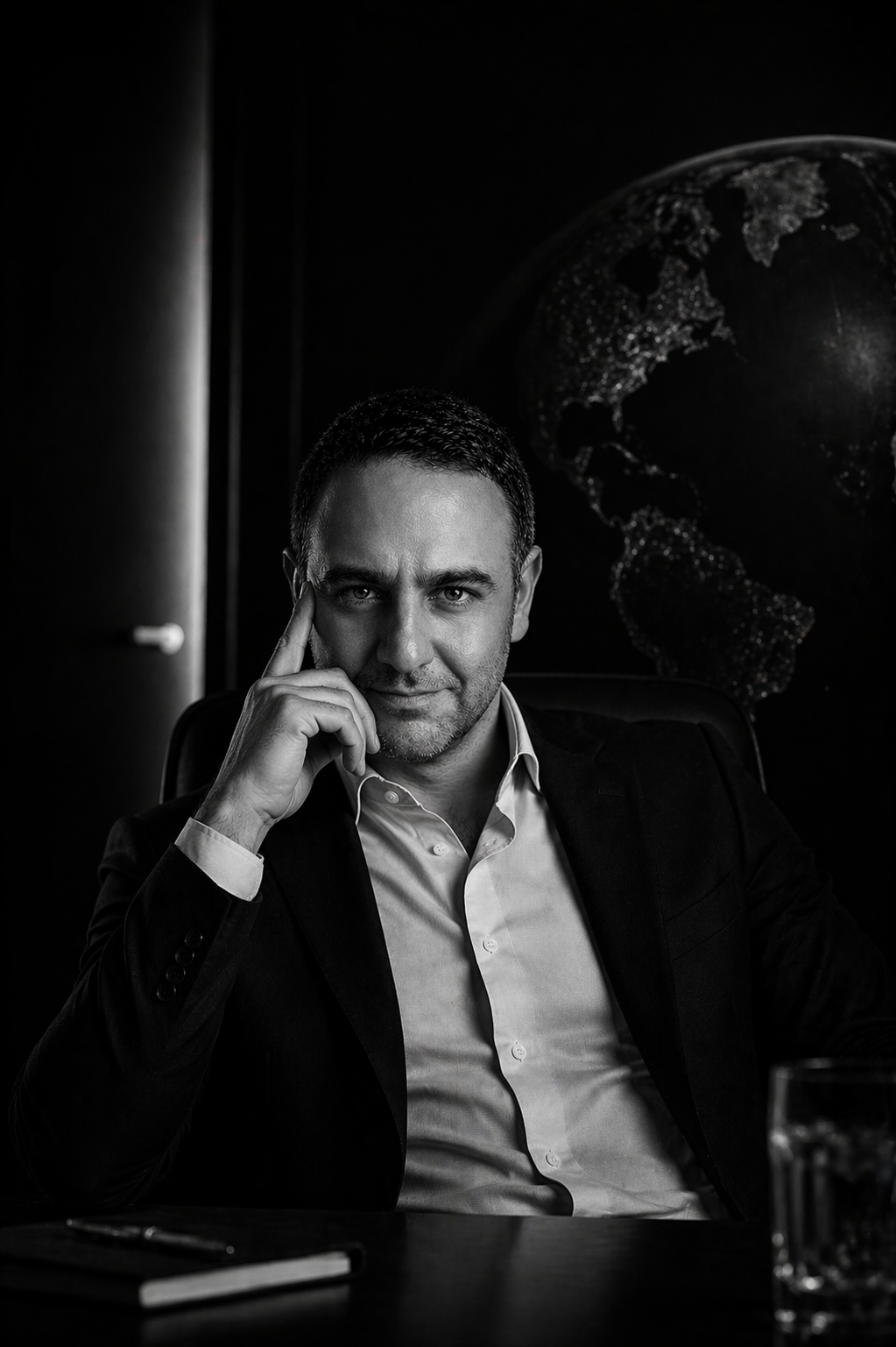 Akın Atilla seated with a globe behind him